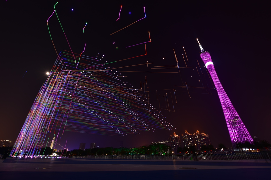 Long exposure shot of the 1000 EHang UAVs taking off