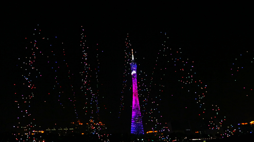 1000 EHang UAVs flying towards the night sky of the Canton Tower like fireworks